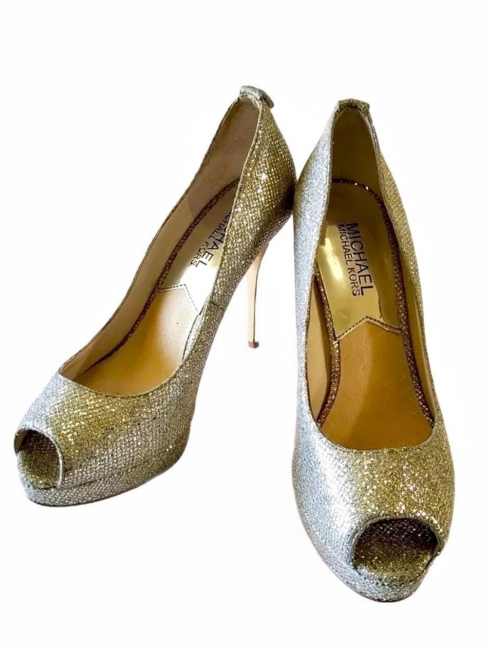 Michael Kors Metallic Peep Toe Platform Heels Like New